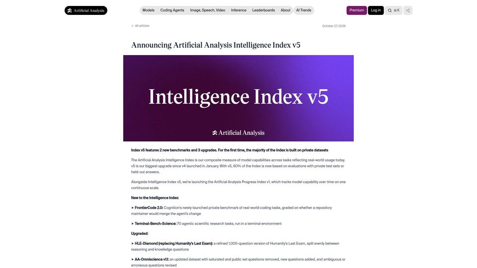 Screenshot of artificialanalysis.ai: Artificial Analysis Intelligence Index v5