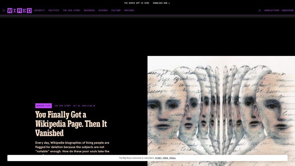Screenshot of wired.com: The tragedy of losing your Wikipedia page