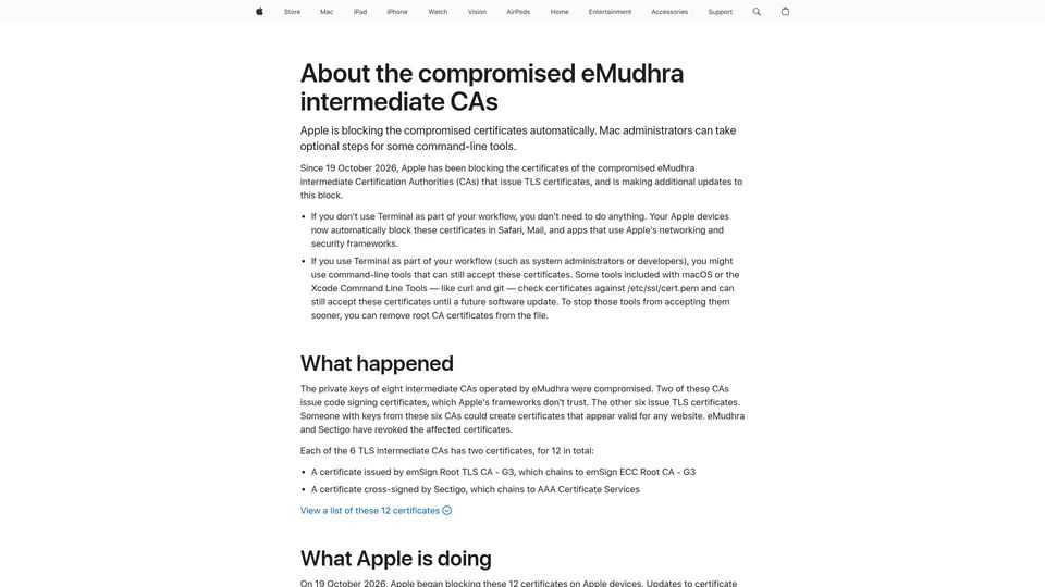 Screenshot of support.apple.com: About the compromised eMudhra intermediate CAs