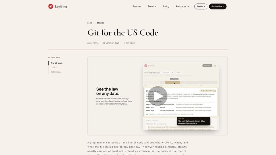 Screenshot of lexifina.com: Git for the US Code