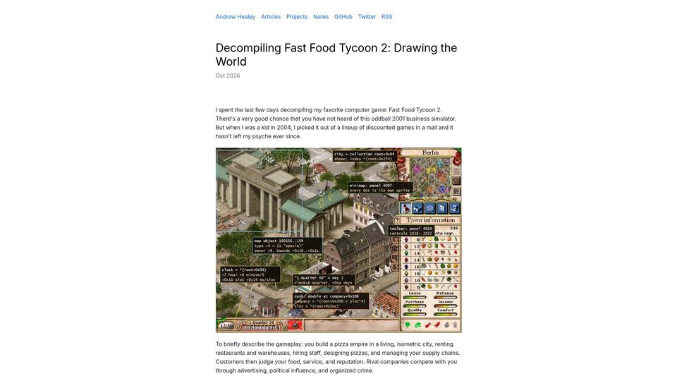 Screenshot of healeycodes.com: Decompiling Fast Food Tycoon 2: Drawing the World