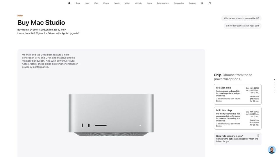 Screenshot of apple.com: Mac Studio M5 Ultra 512GB Officially Released