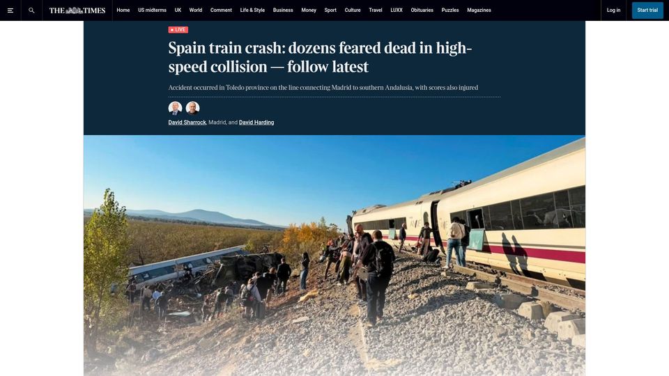 Screenshot of thetimes.com: Spain train crash: 'At least 10 dead' in high-speed collision