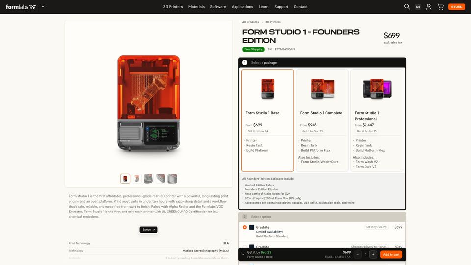 Screenshot of formlabs.com: Formlabs Studio 1 $699 Resin Printer