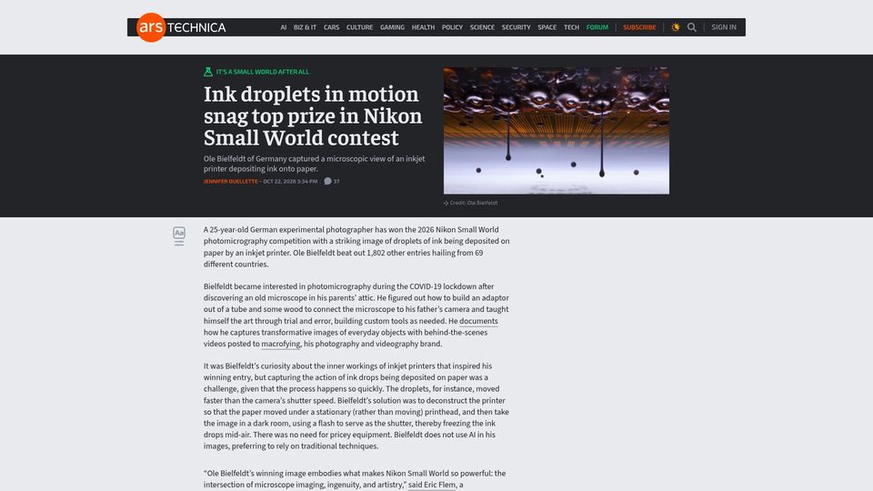 Screenshot of arstechnica.com: Ink droplets in motion snag top prize in Nikon Small World contest