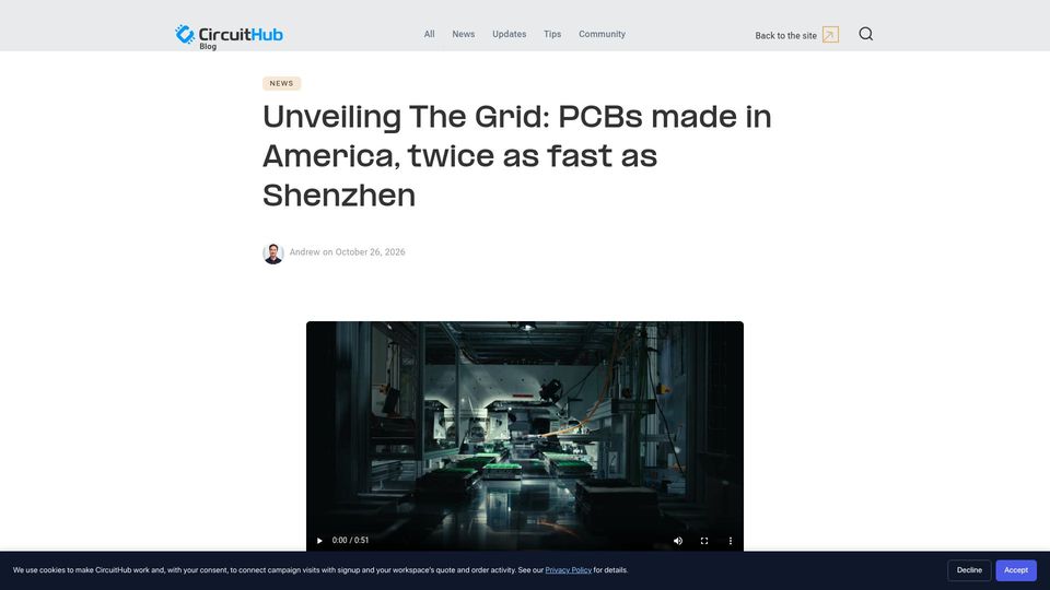 Screenshot of circuithub.com: The Grid, a factory-scale robot in Massachusetts that builds PCBs on demand
