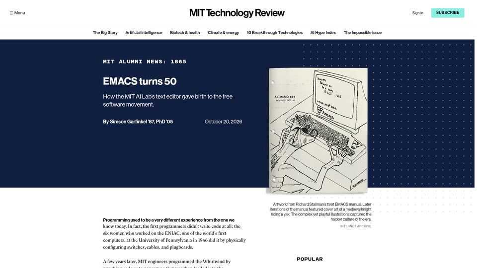 Screenshot of technologyreview.com: Emacs Turns 50