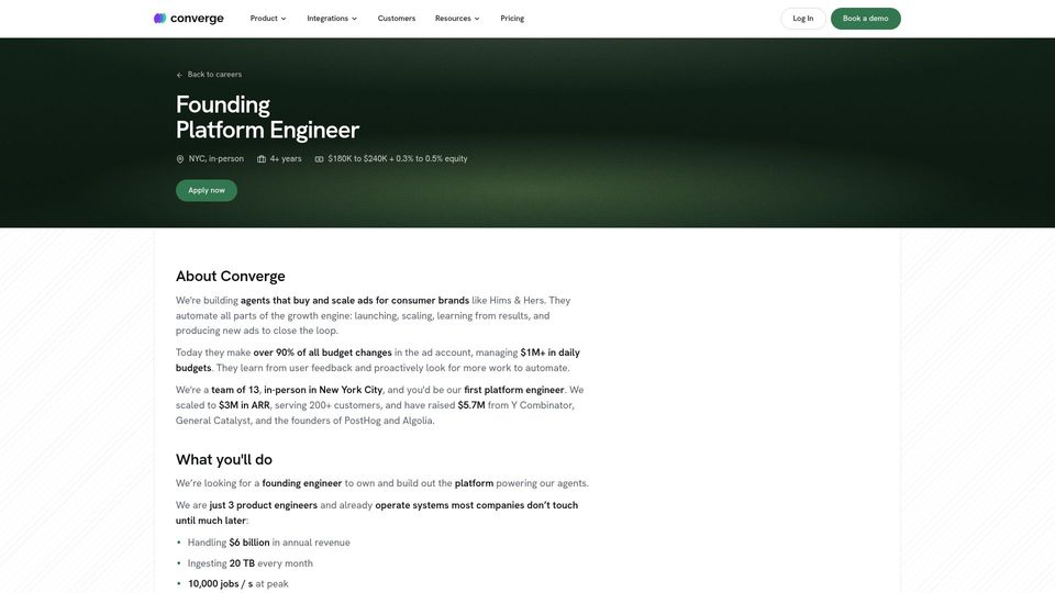 Screenshot of runconverge.com: Converge (YC S23) Is Hiring a Founding Platform Engineer