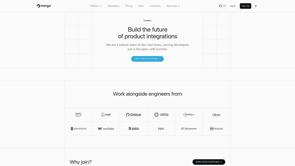 Screenshot of nango.dev: Nango (YC W23) Is Hiring Across Eng, FDE, Marketing, DevRel