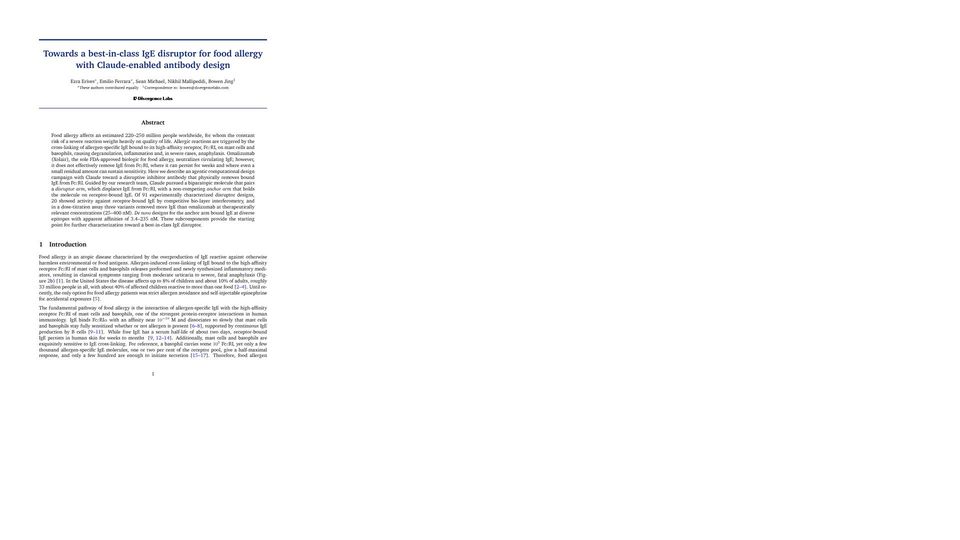 Screenshot of divergencelabs.com: IgE disruptor for food allergy with Claude-enabled antibody design [pdf]