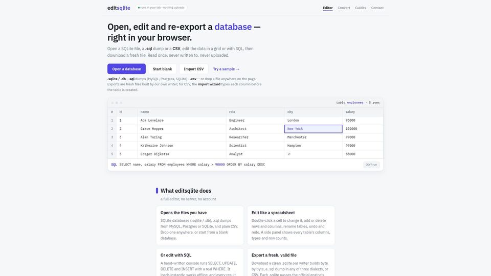 Screenshot of editsqlite.com: Edit an SQLite database in your browser