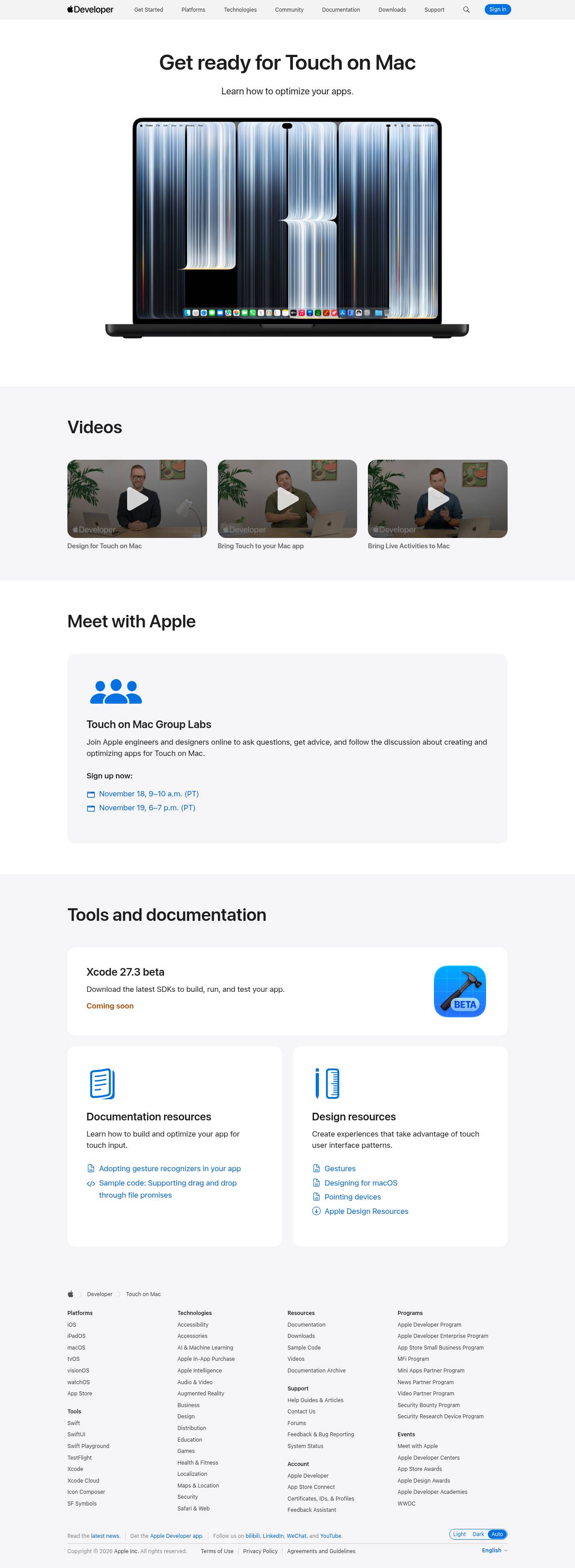 Full-page screenshot of developer.apple.com