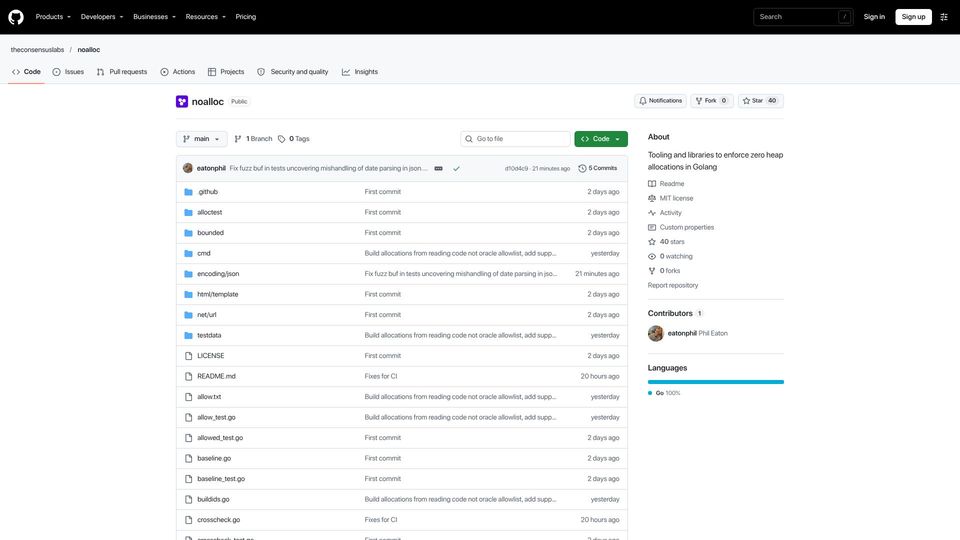 Screenshot of github.com: noalloc: Tooling and libraries to enforce zero heap allocations in Golang