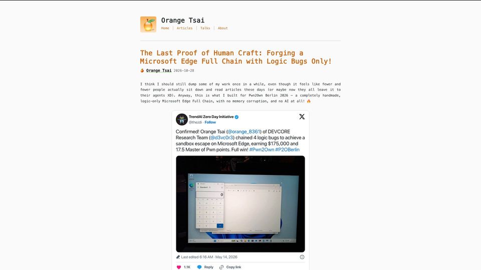 Screenshot of blog.orange.tw: Forging a Microsoft Edge Full Chain with Logic Bugs Only