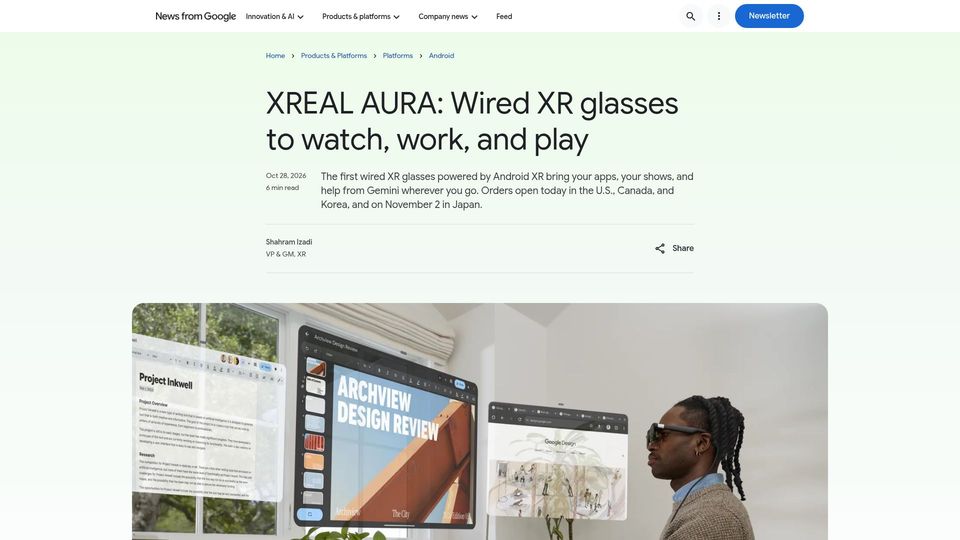 Screenshot of blog.google: The first wired XR glasses powered by Android XR