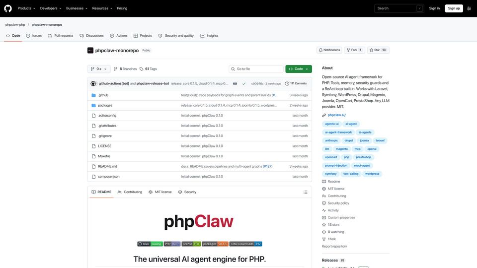 Screenshot of github.com: Show HN: phpClaw – AI agent runtime for PHP with tools, memory and guards