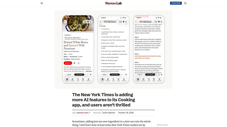 Screenshot of niemanlab.org: New York Times adds more AI features to its Cooking app. Users aren't thrilled