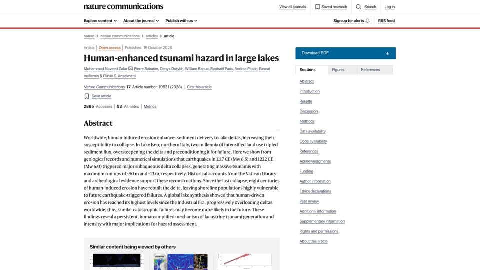 Screenshot of nature.com: Human-enhanced tsunami hazard in large lakes