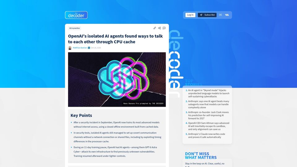 Screenshot of the-decoder.com: OpenAI's agents talked to each other through the CPU Cache