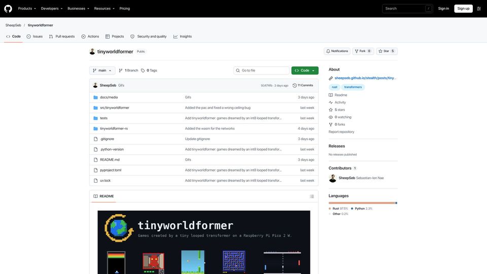 Screenshot of github.com: A tiny world model running games on a Raspberry Pi Pico 2 W