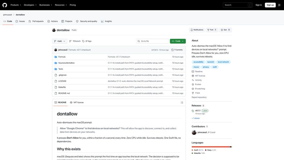 Screenshot of github.com: Show HN: Auto Dismiss Mac OS "Allow <app> to find devices on local networks?"