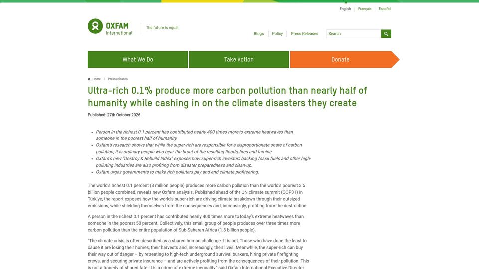 Screenshot of oxfam.org: Richest 0.1% (8M) produce more carbon pollution than 3.5B