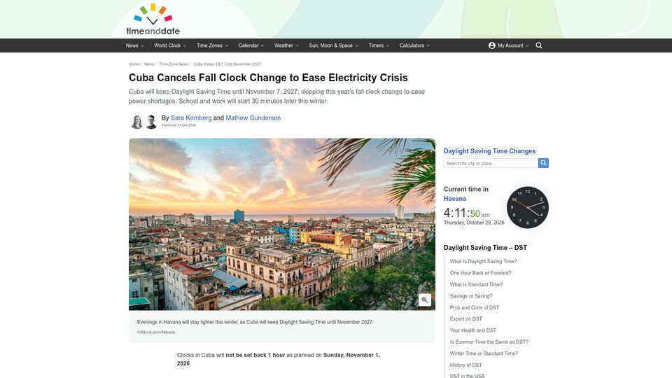 Screenshot of timeanddate.com: Cuba is skipping its November 1, 2026 clock change and staying on DST until 2027