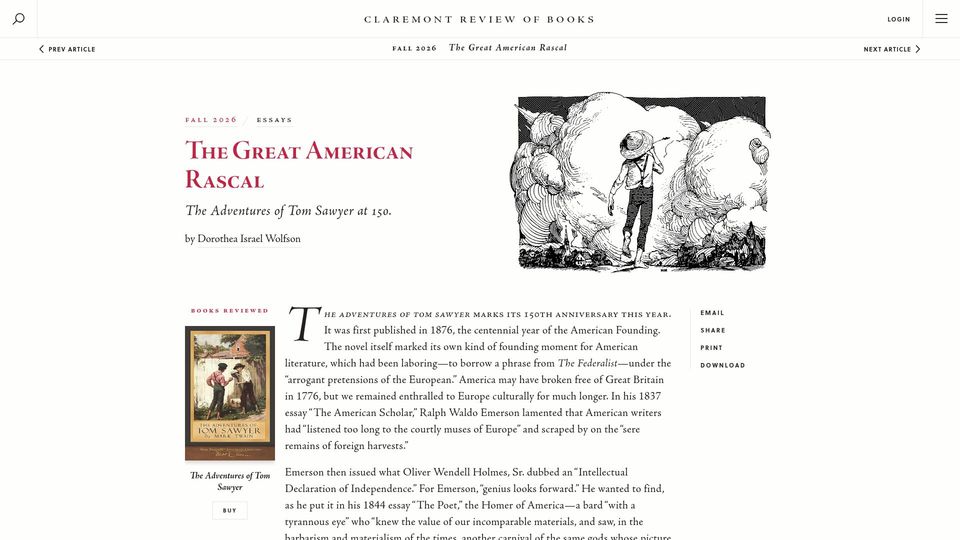 Screenshot of claremontreviewofbooks.com: The Great American Rascal: Tom Sawyer at 150