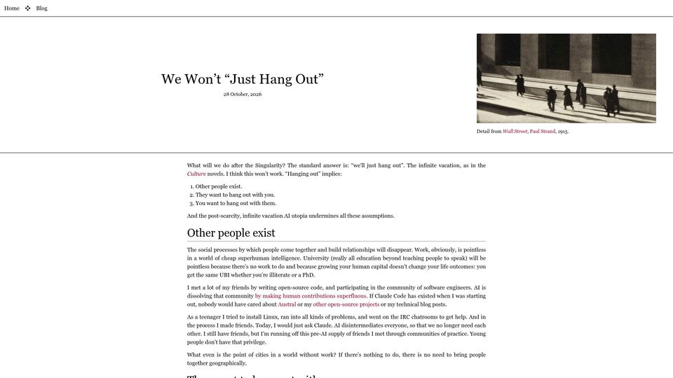 Screenshot of borretti.me: We won't "just hang out"