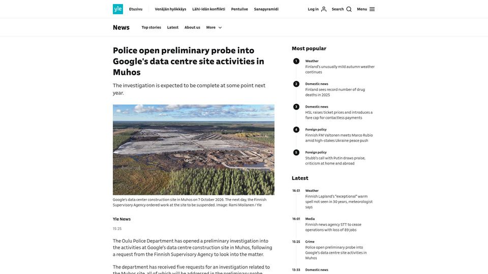Screenshot of yle.fi: Finland investigate Google over destruction of 250k trees