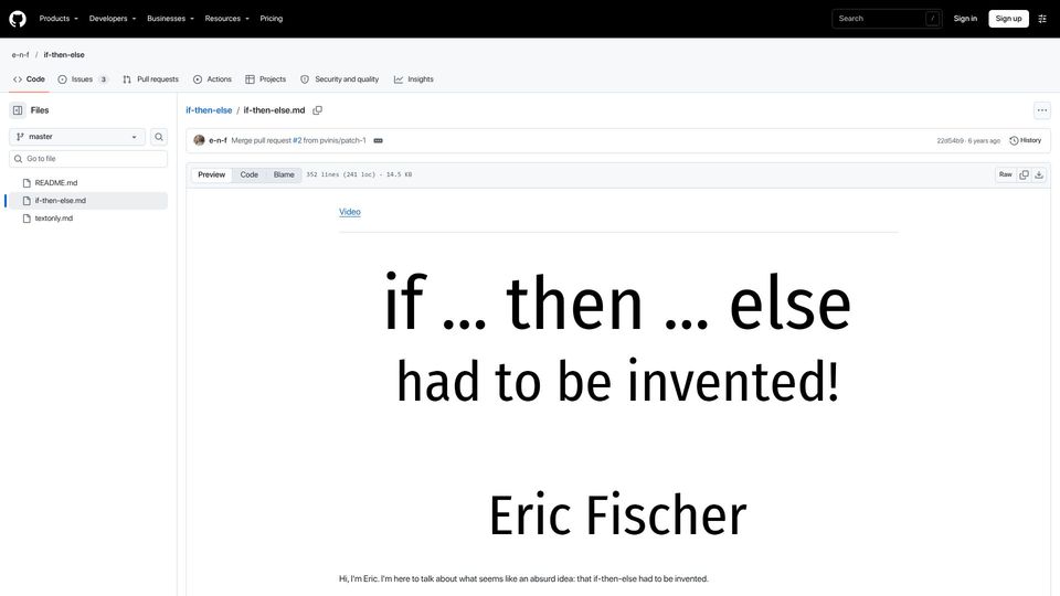 Screenshot of github.com: If-then-else had to be invented (2020)