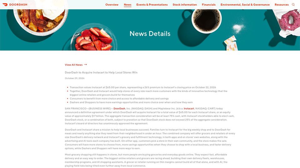 Screenshot of about.doordash.com: DoorDash to acquire Instacart
