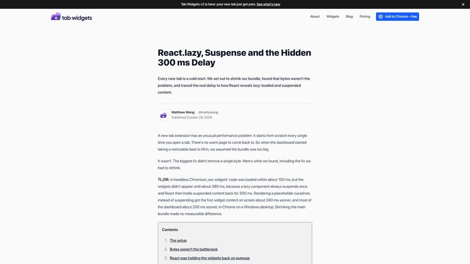 Screenshot of tabwidgets.com: React.lazy, Suspense and the Hidden 300 ms Delay