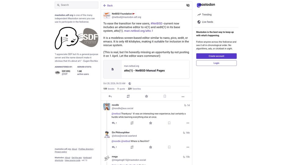 Screenshot of mastodon.sdf.org: NetBSD adds a new text editor called atto