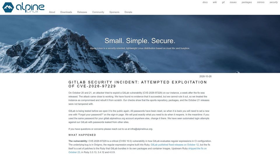 Screenshot of alpinelinux.org: GitLab Security Incident: Attempted Exploitation of CVE-2026-97229