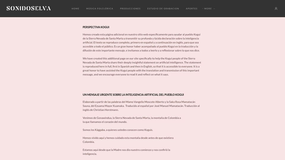 Screenshot of sonidoselva.com: An Urgent Message on Artificial Intelligence from the Kogui People