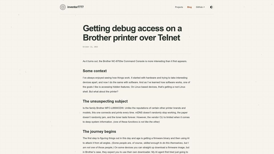 Screenshot of inventor7777.github.io: Getting debug access on a Brother printer over Telnet