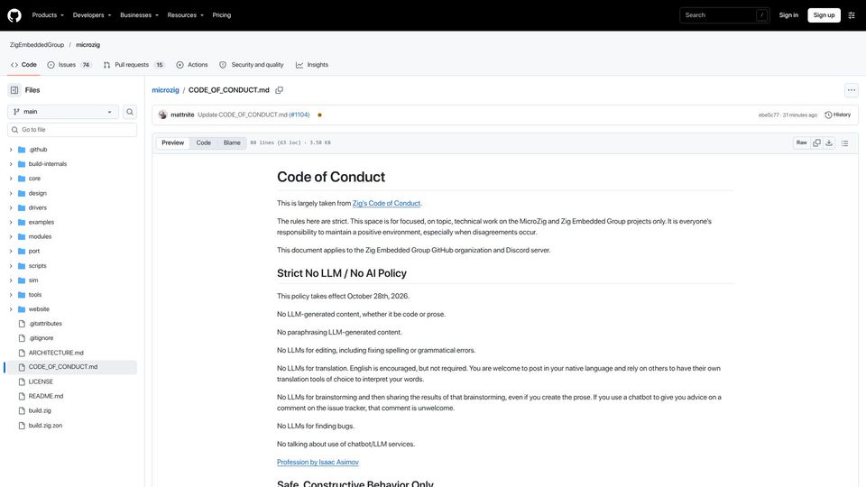Screenshot of github.com: MicroZig to Adopt Strict No LLM / No AI Policy