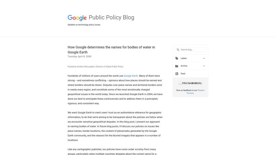Screenshot of publicpolicy.googleblog.com: How Google determines the names for bodies of water in Google Earth (2008)