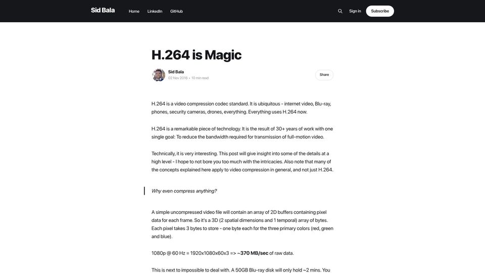 Screenshot of sidbala.com: H.264 Is Magic (2016)