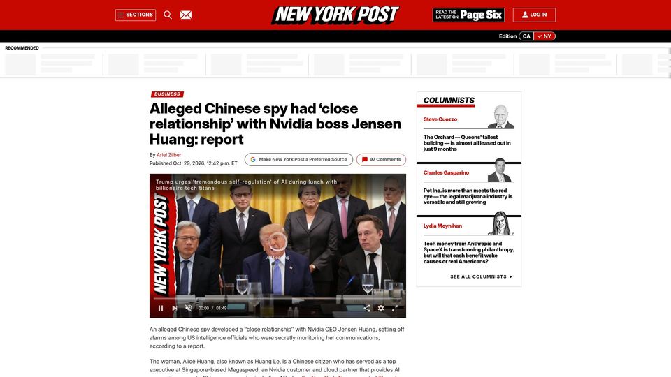 Screenshot of nypost.com: Alleged Chinese spy had 'close relationship' with Nvidia boss Jensen Huang