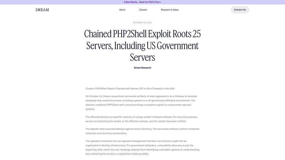 Screenshot of dreamgroup.com: Chained PHP2Shell exploit roots 25 servers, including US Government servers