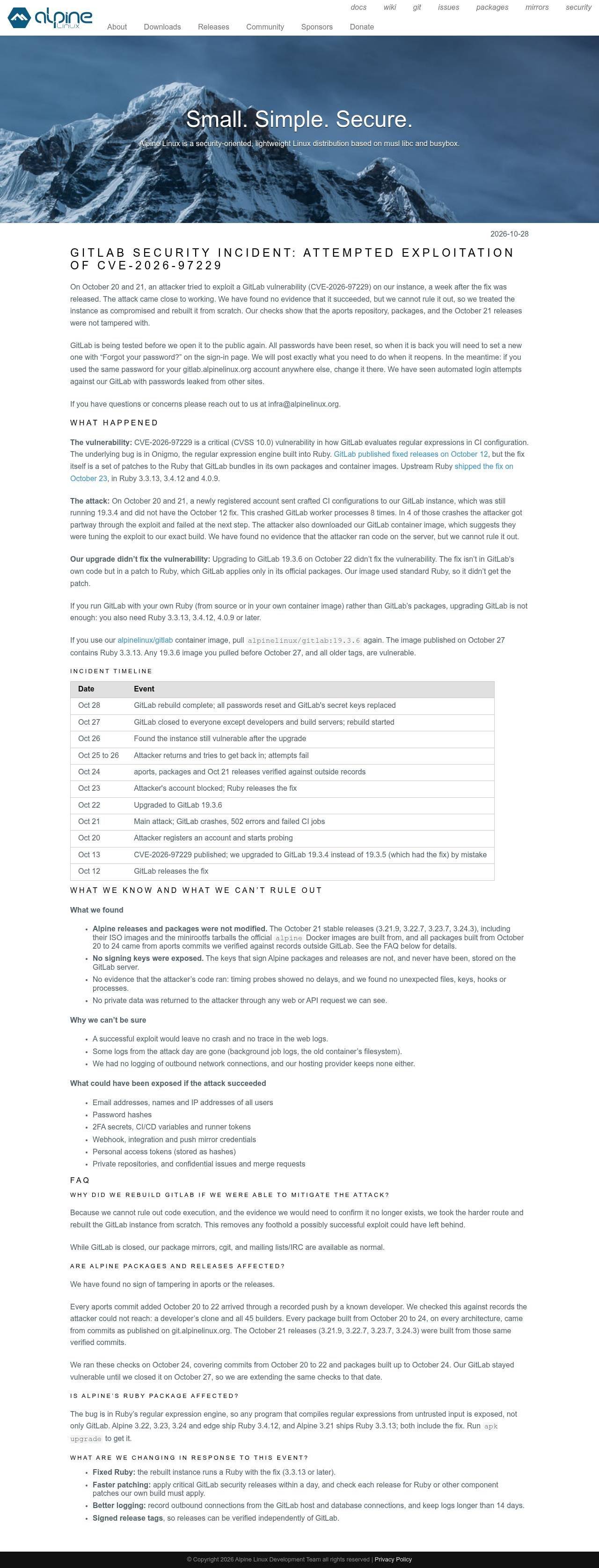 Full-page screenshot of alpinelinux.org