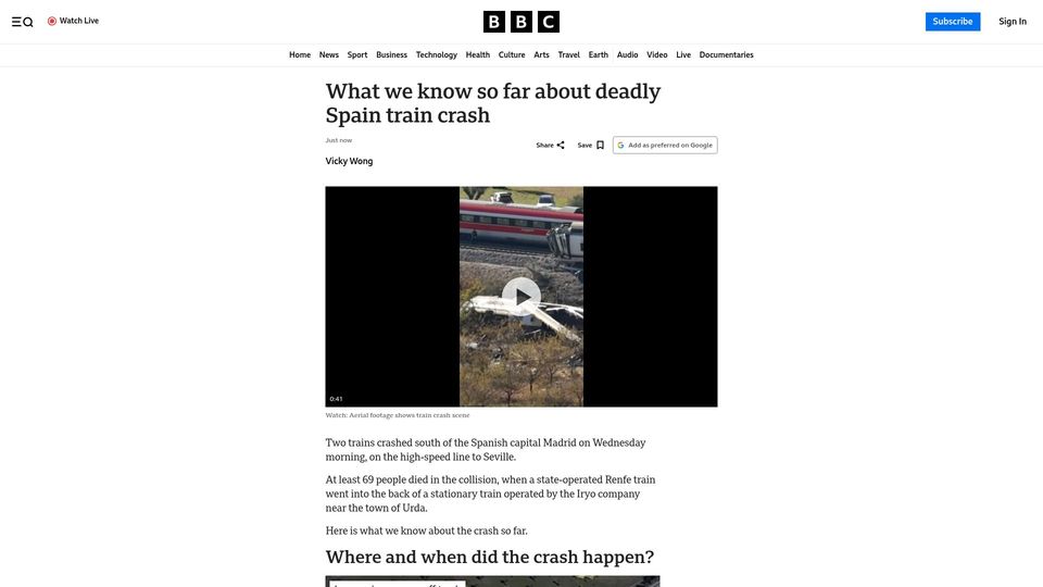 Screenshot of bbc.com: What we know so far about Spain train crash