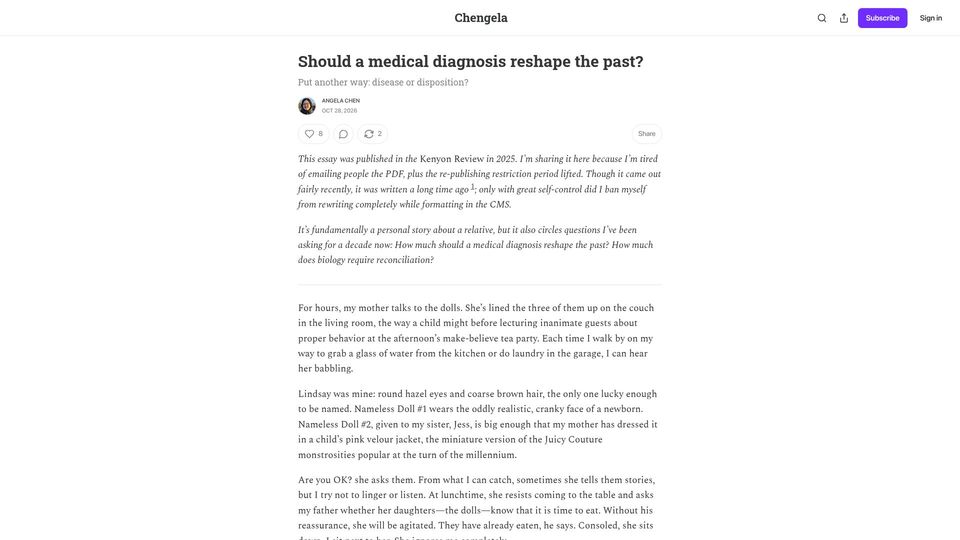 Screenshot of chengela.substack.com: Should a medical diagnosis reshape the past? (2025)