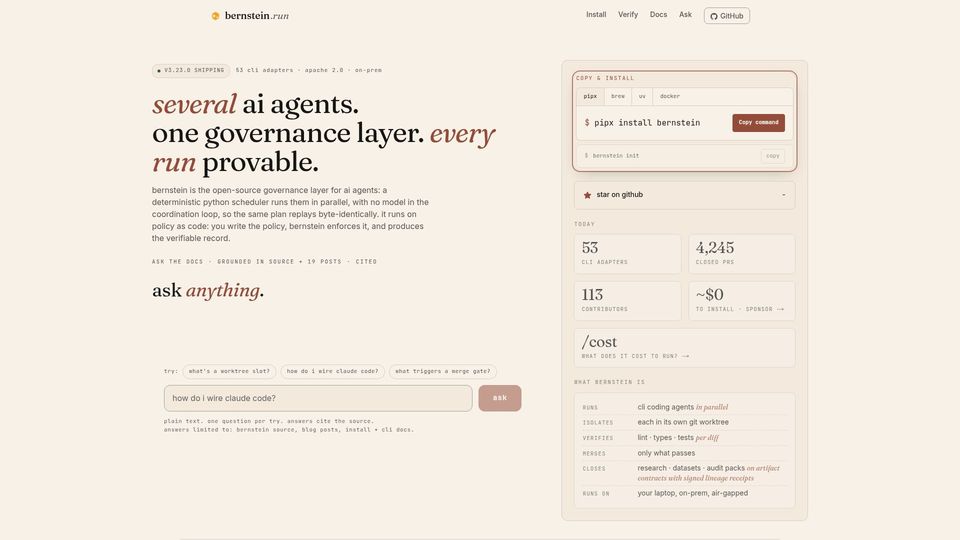Screenshot of bernstein.run: Bernstein – open-source governance layer for AI agents