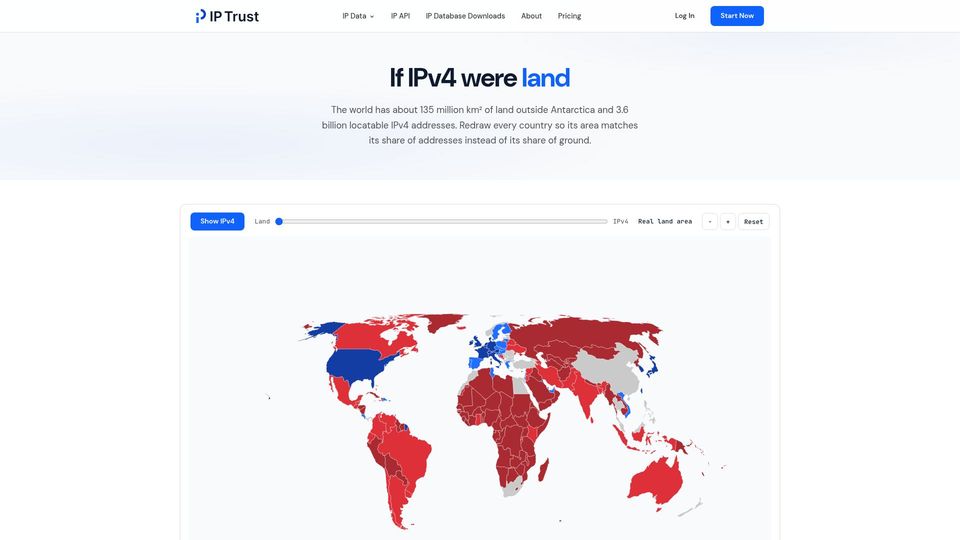 Screenshot of iptrust.co: If IPv4 were land