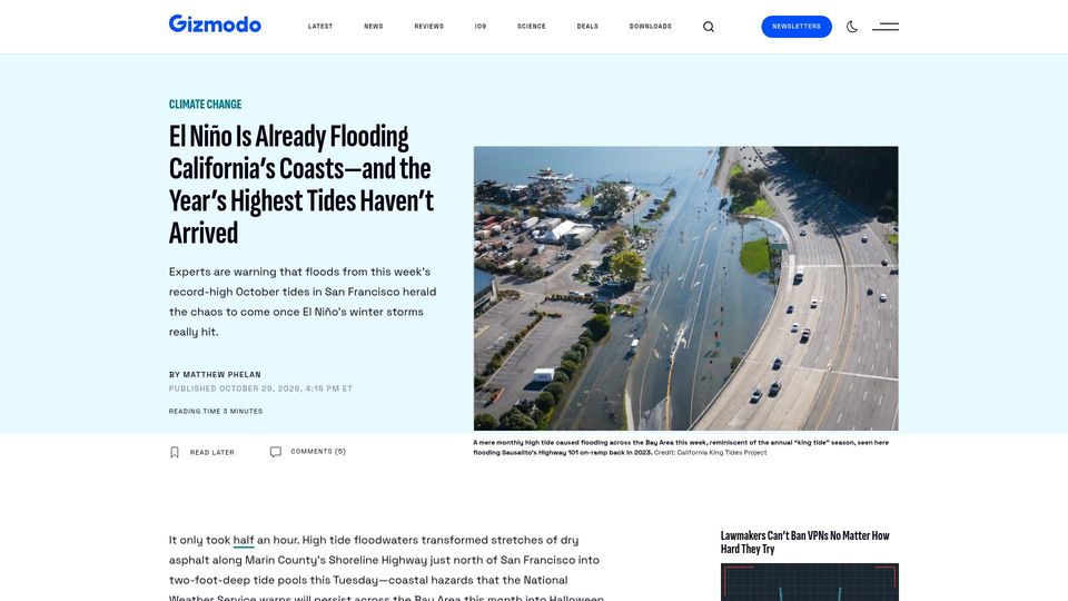 Screenshot of gizmodo.com: El Niño Is Flooding California's Coasts with the Highest Tides to Come