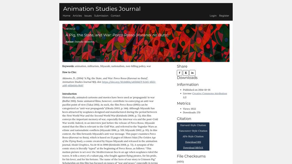 Screenshot of journal.animationstudies.org: A Pig, the State, and War: Porco Rosso (Kurenai No Buta) (2014)