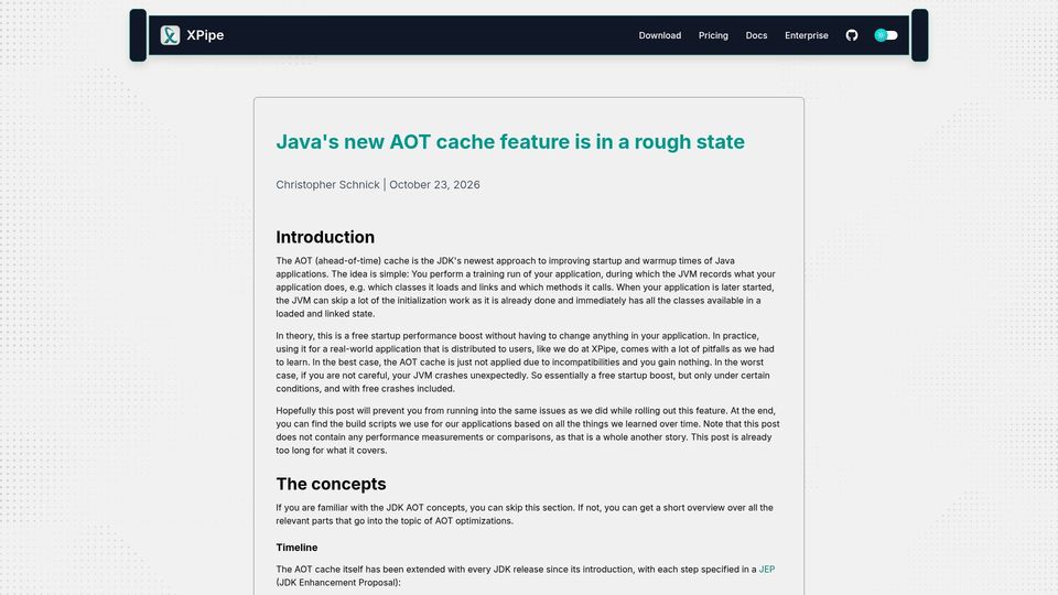 Screenshot of xpipe.io: Java's new AOT cache feature is in a rough state